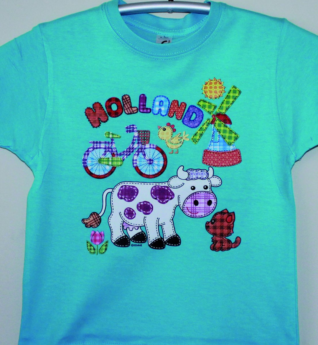 Kinder t-shirt blauw Holland koe en molen | Maat 128